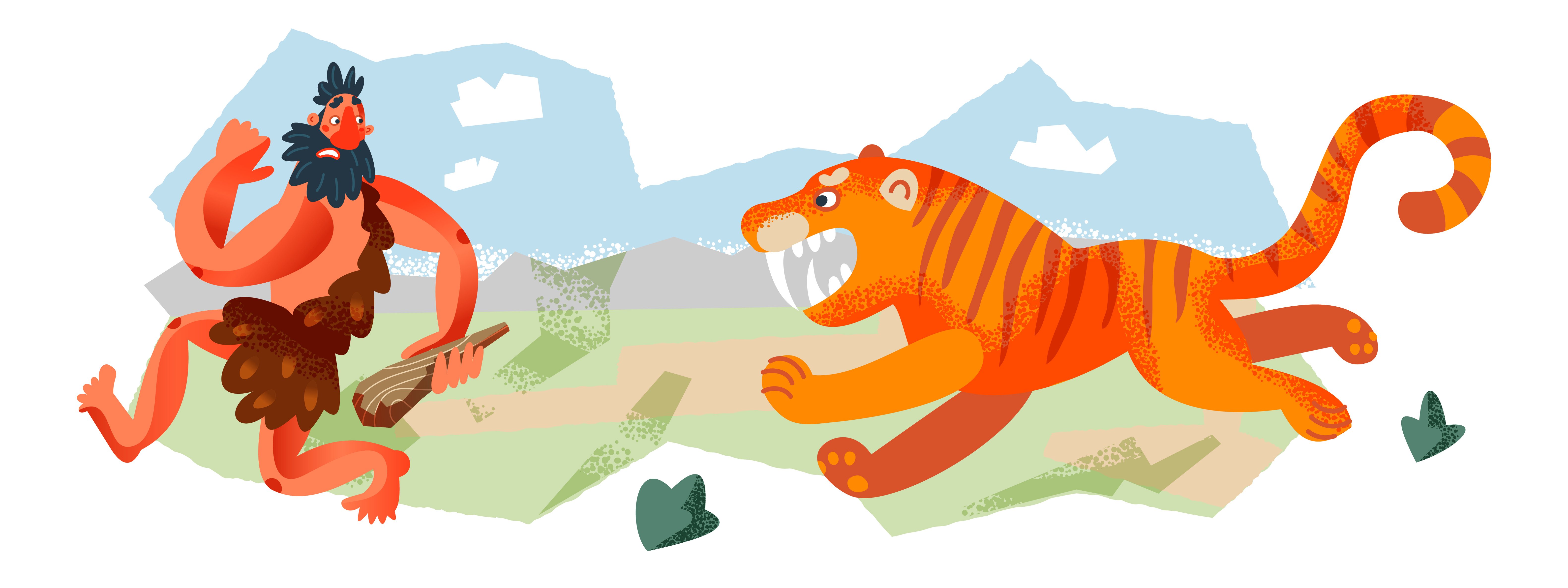 cave man running from a tiger