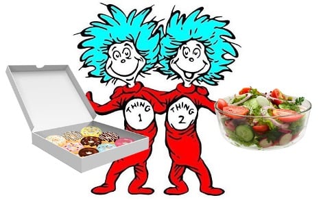 Dr. Seuss' thing 1 and thing 2 standing with donuts and salad respectively