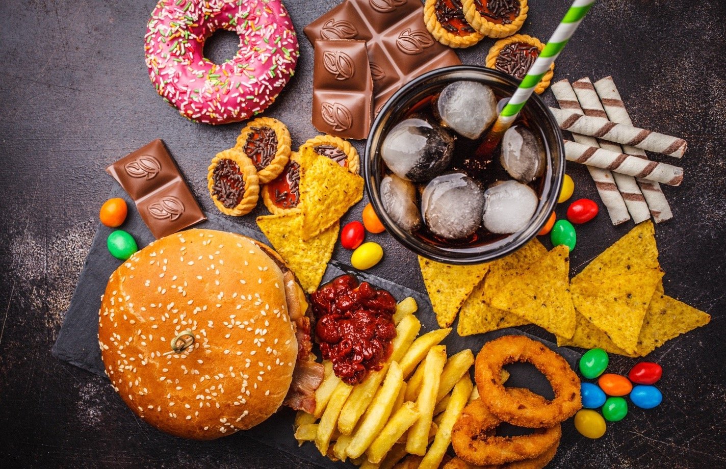 junk food including burgers and candy